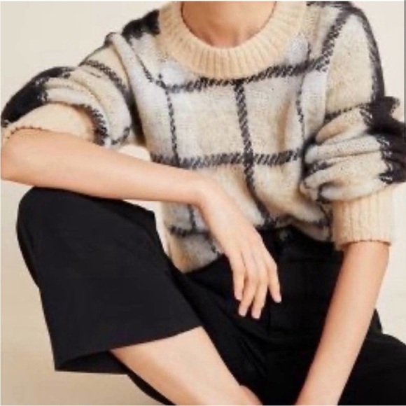 Moth Sweaters - Anthropologie Moth Sweater Tan Black Window Pane Plaid Crewneck Sz S